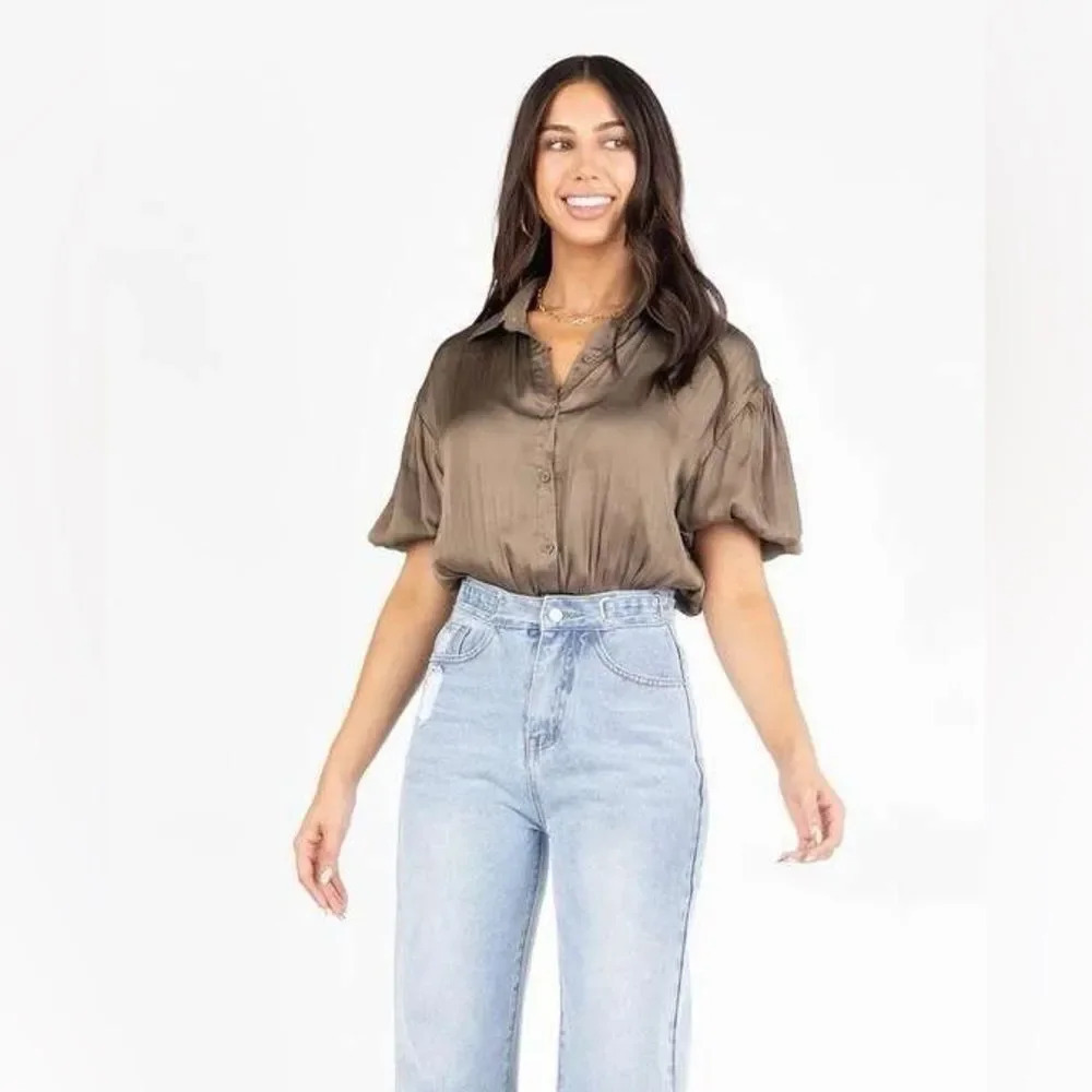 NWT KITTENISH | Out of Office Brown Puff Sleeve Bodysuit | Multiple Sizes